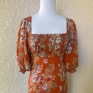 Nicholas Smocked Maxi Dress Floral Print‎ Terracotta/Orange Sz. 4